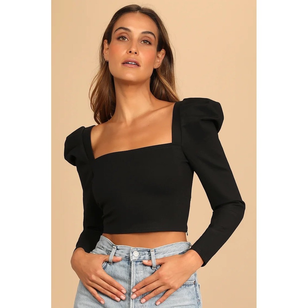 Lulus A Little Flirtation Black Puff Sleeve Square Neck Crop Top NWT Large